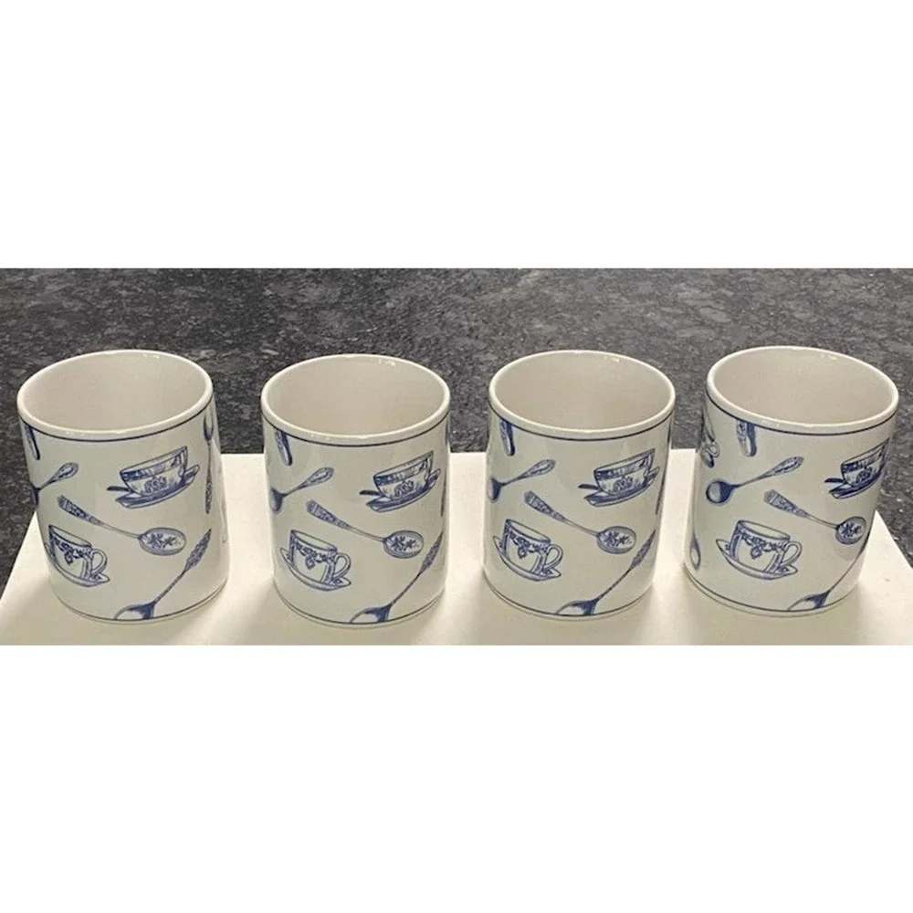 Set of 4 Fitz & Floyd‎ Omnibus Habitat Americana Colony Blue Mugs